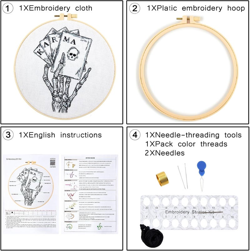 Crafmanoe Gothic Tarot Embroidery Kits for Beginners Adults, Halloween Hand Bone Embroidery Starter Kits, Skull Cross Stitch Kits for Beginner Adults Hobbies for Women, Embroidery Fabric, Hoops & Video Tutorial - Image 4